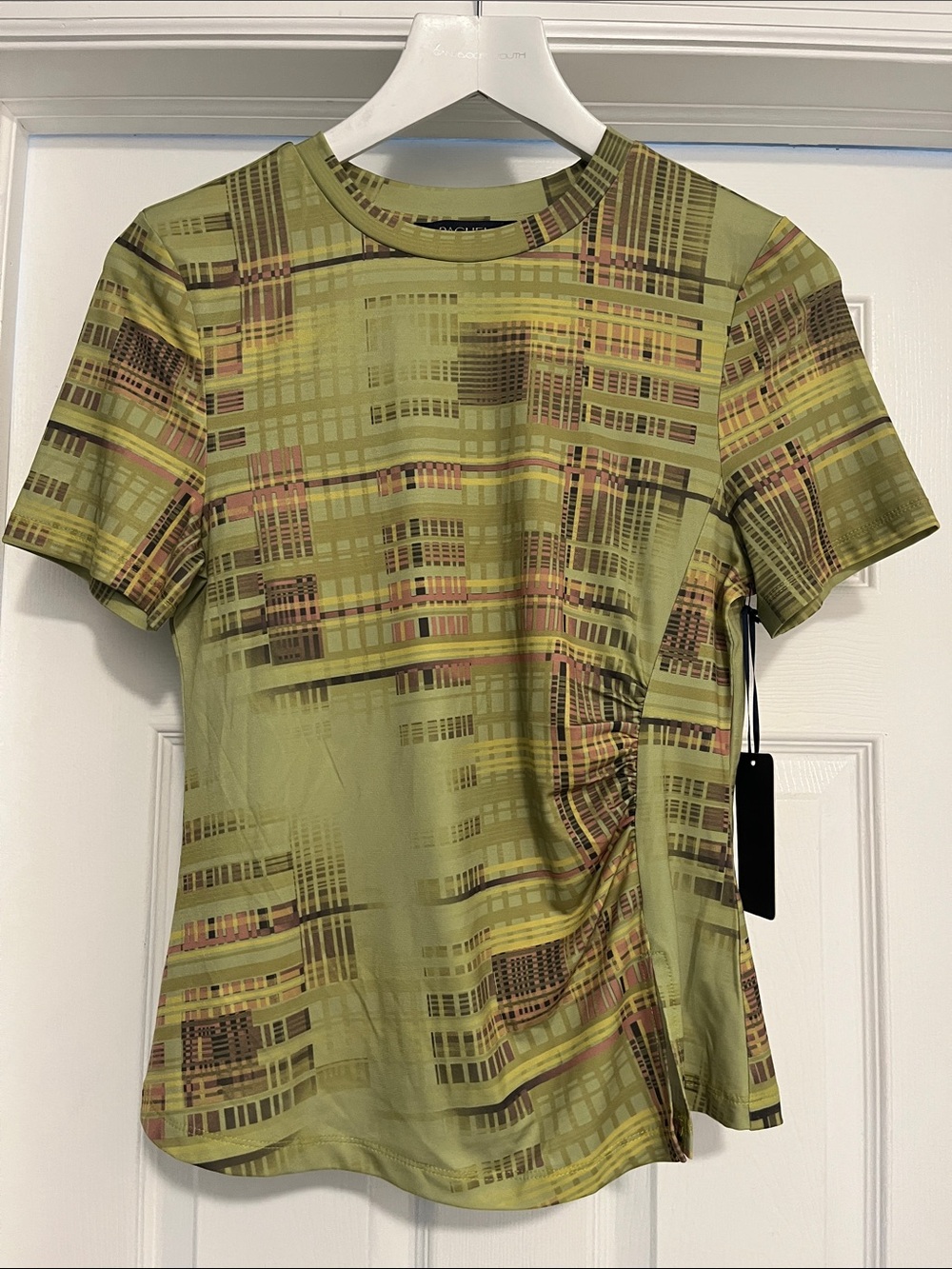 RACHEL Rachel Roy Olive Green Plaid-Print Short Sleeve Top